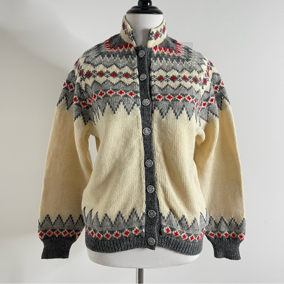 Vintage Viking Hand knit Pure Mothproof wool Chunky Fair Isle Sweater Cardigan - Picture 1 of 14